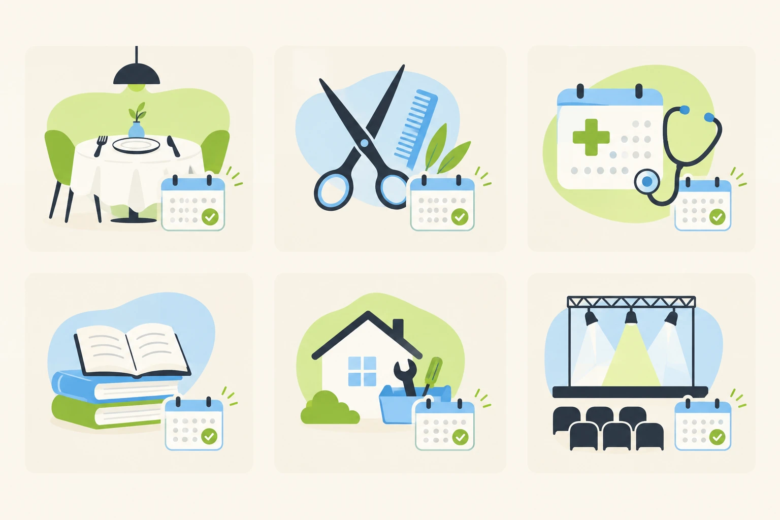 Six business types that use ConfirmThat: restaurants, salons, clinics, tuition centres, home services, and event venues